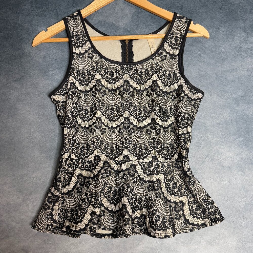 Vintage Y2k Womens Small Lace Sleeveless Biege Black Preppy Tank Top